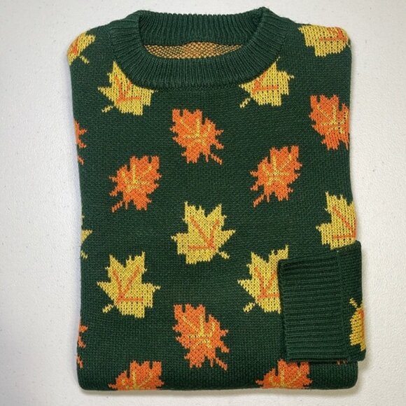 Sweaters - NEW Big Cozy Fall Leaf Sweater - KPJ Green Fall Leaf Knit - Women's Medium